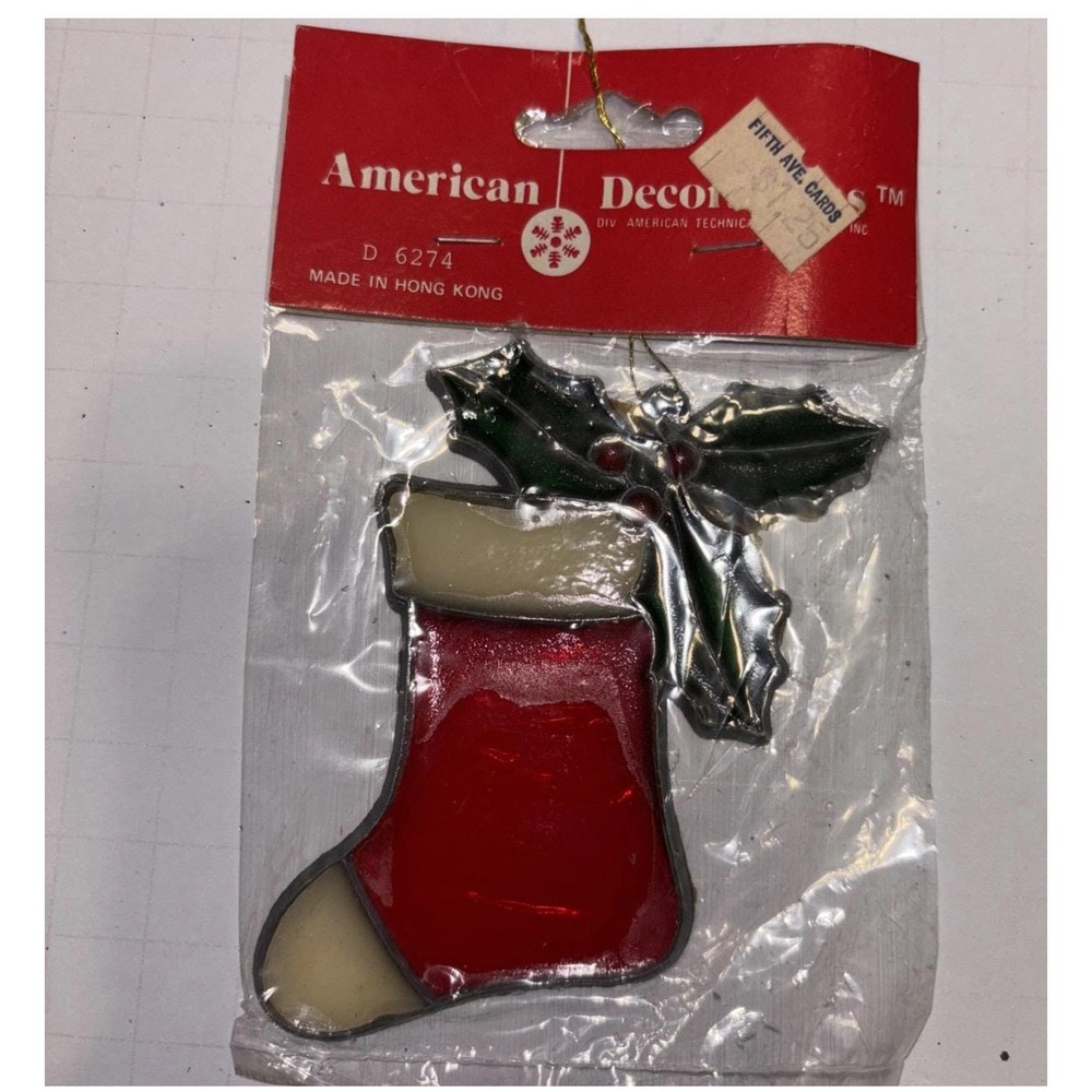 Vintage Stained Glass Christmas Stocking With Holly Ornament Hong Kong 3" NOS